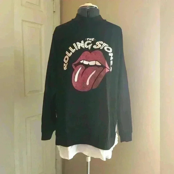 MISS LOOK BLACK LONG SLEEVE ROLLING STONE CREW TOP LARGE - Picture 1 of 6